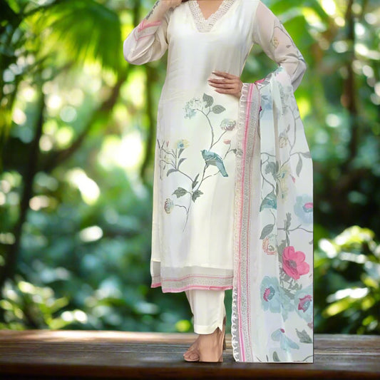 Elegant White 3-Piece Kurta Set with Intricate Detailing