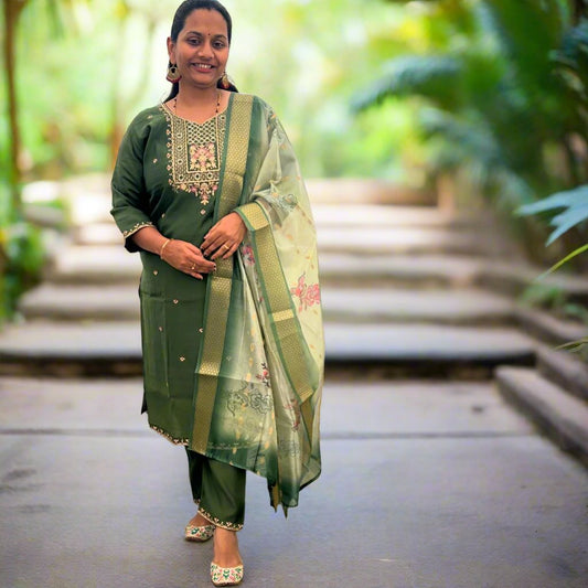 Dark Green Silk Kurta Set with Organza Dupatta