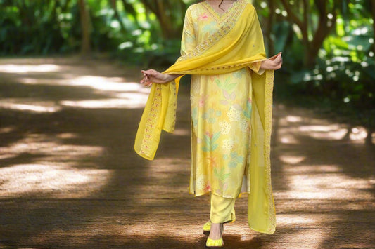 Vibrant Yellow 3-Piece Kurta Set with Floral Embroidery