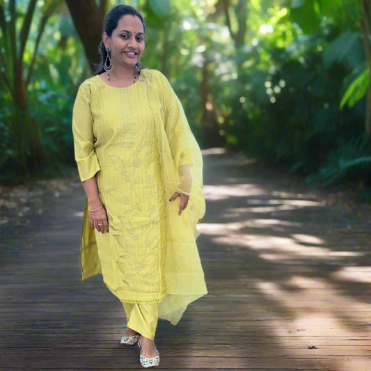 Neon Yellow Embroidered Kurta Set